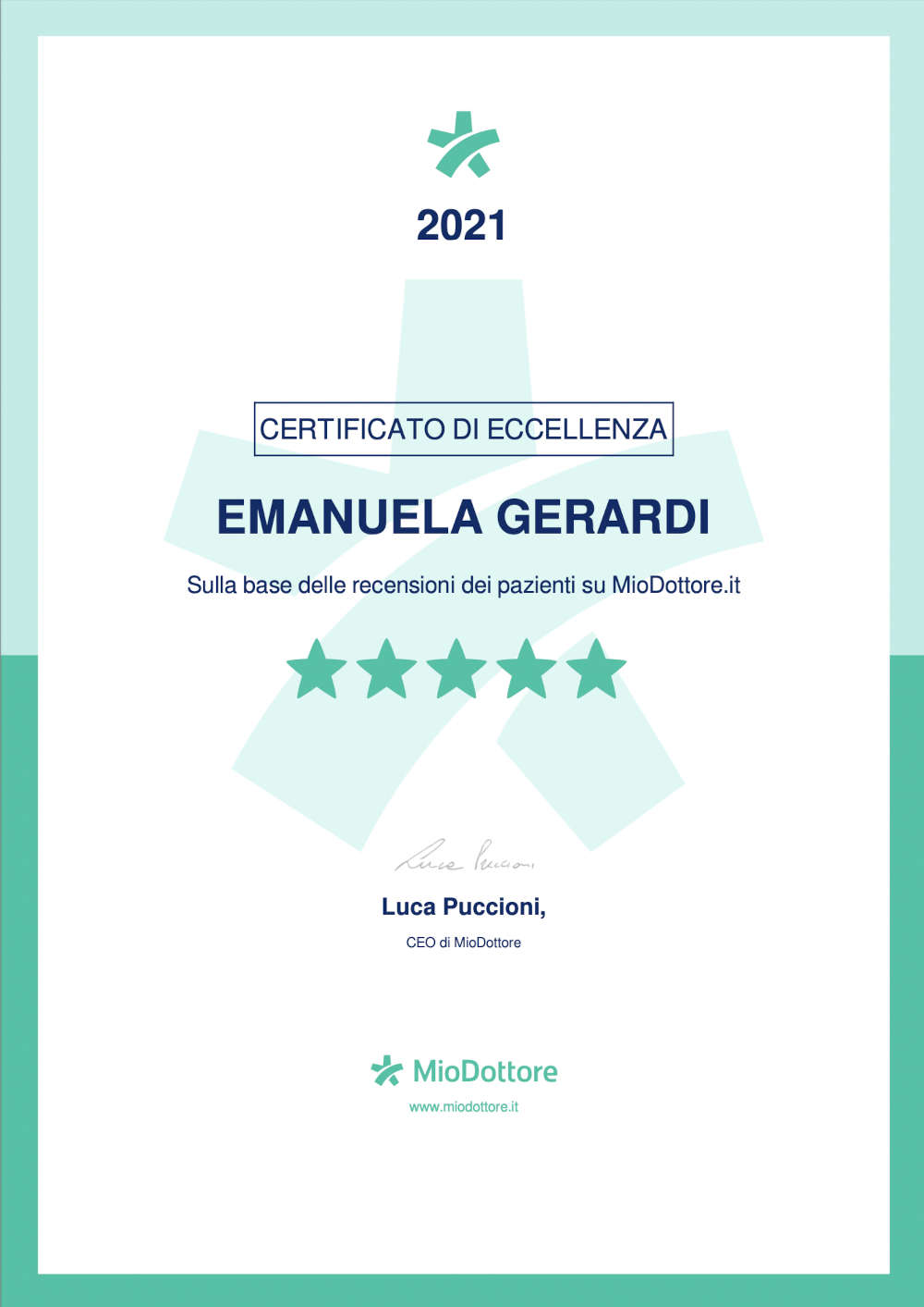 certificato di eccellenza dottoressa Emanuela Gerardi